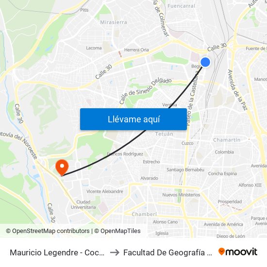 Mauricio Legendre - Cocheras Emt to Facultad De Geografía E Historia map