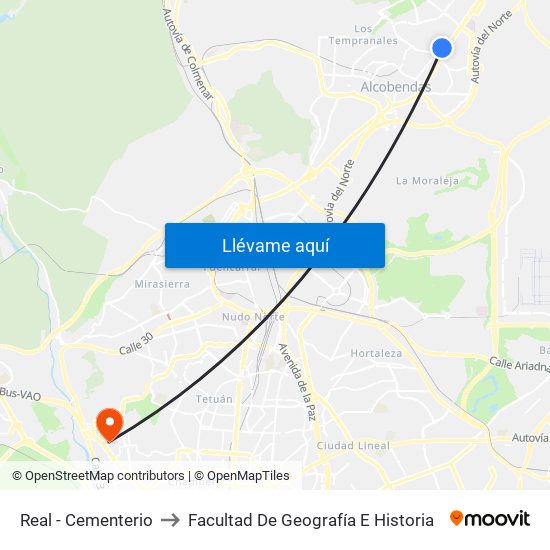 Real - Cementerio to Facultad De Geografía E Historia map