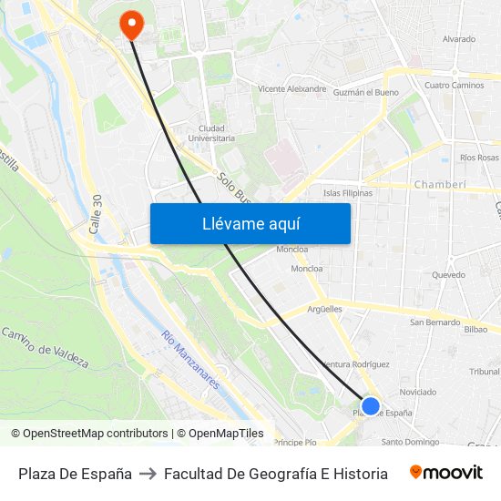 Plaza De España to Facultad De Geografía E Historia map