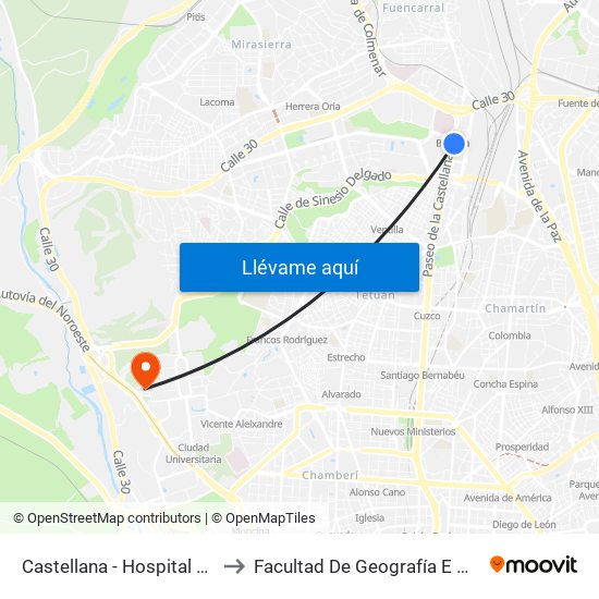 Castellana - Hospital La Paz to Facultad De Geografía E Historia map