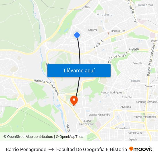 Barrio Peñagrande to Facultad De Geografía E Historia map
