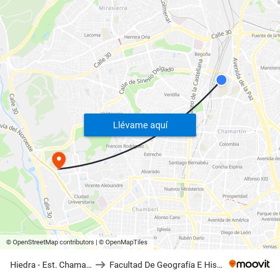 Hiedra - Est. Chamartín to Facultad De Geografía E Historia map