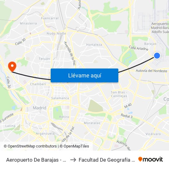 Aeropuerto De Barajas - T1, Madrid to Facultad De Geografía E Historia map