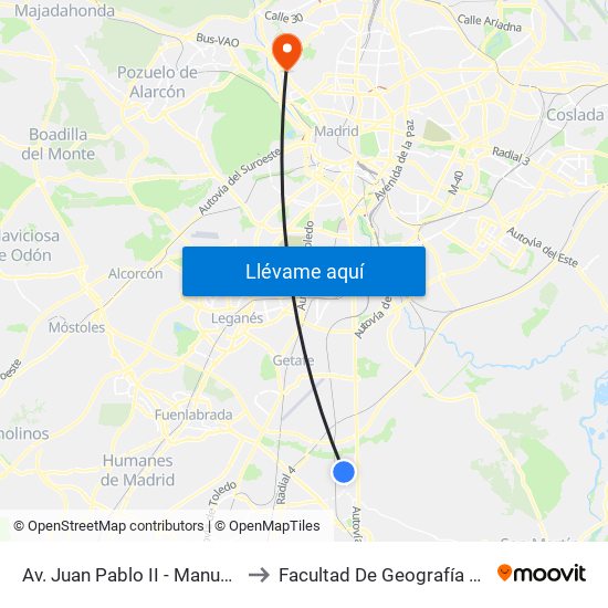 Av. Juan Pablo II - Manuel De Falla to Facultad De Geografía E Historia map