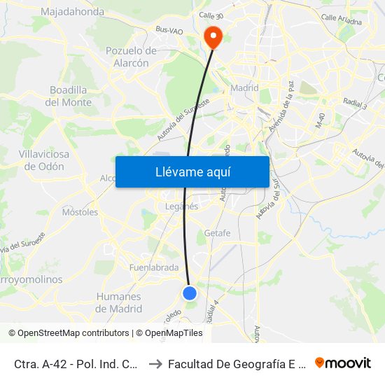 Ctra. A-42 - Pol. Ind. Cantueña to Facultad De Geografía E Historia map