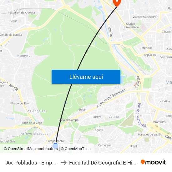 Av. Poblados - Empalme to Facultad De Geografía E Historia map