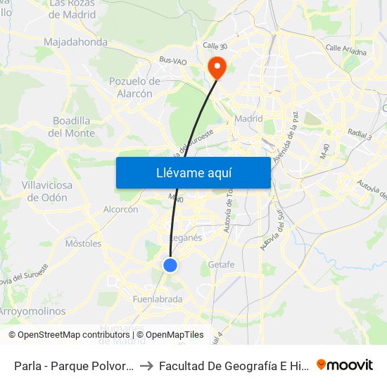 Parla - Parque Polvoranca to Facultad De Geografía E Historia map