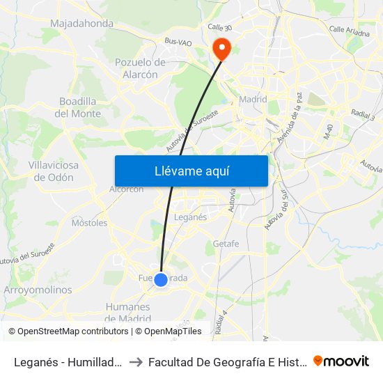 Leganés - Humilladero to Facultad De Geografía E Historia map