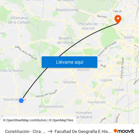 Constitución - Ctra. A-5 to Facultad De Geografía E Historia map