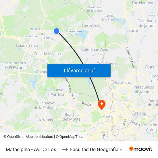 Mataelpino - Av. De Los Linares to Facultad De Geografía E Historia map