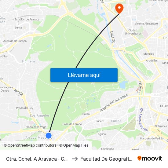 Ctra. Cchel. A Aravaca - Colonia Jardín to Facultad De Geografía E Historia map