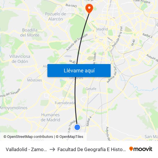 Valladolid - Zamora to Facultad De Geografía E Historia map