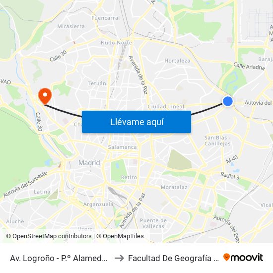 Av. Logroño - P.º Alameda De Osuna to Facultad De Geografía E Historia map