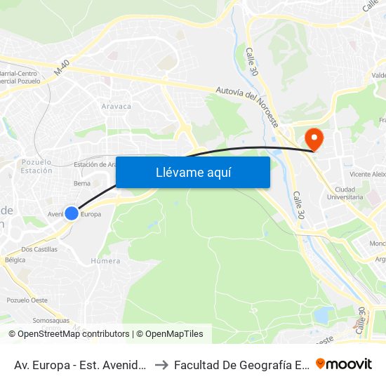 Av. Europa - Est. Avenida Europa to Facultad De Geografía E Historia map