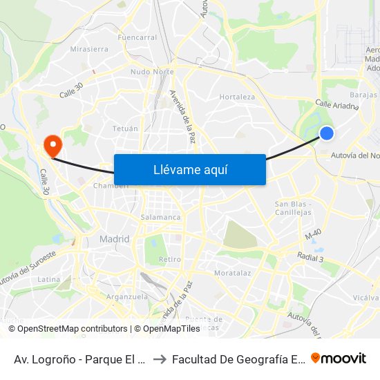 Av. Logroño - Parque El Capricho to Facultad De Geografía E Historia map