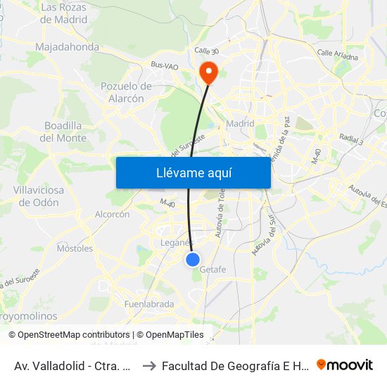 Av. Valladolid - Ctra. M-406 to Facultad De Geografía E Historia map