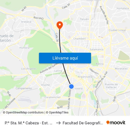 P.º Sta. M.ª Cabeza - Est. Plaza Elíptica to Facultad De Geografía E Historia map