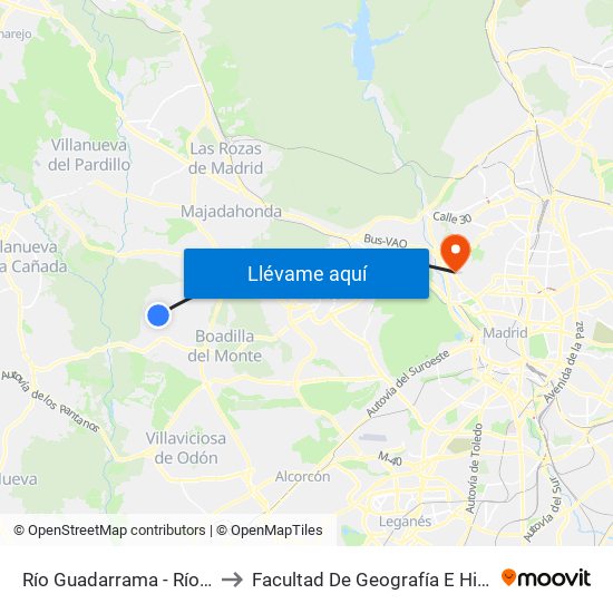 Río Guadarrama - Río Tajo to Facultad De Geografía E Historia map