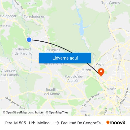 Ctra. M-505 - Urb. Molino De La Hoz to Facultad De Geografía E Historia map