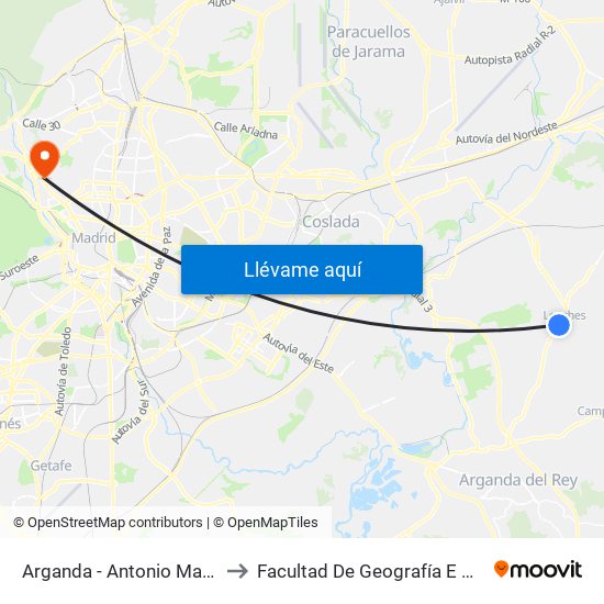 Arganda - Antonio Machado to Facultad De Geografía E Historia map