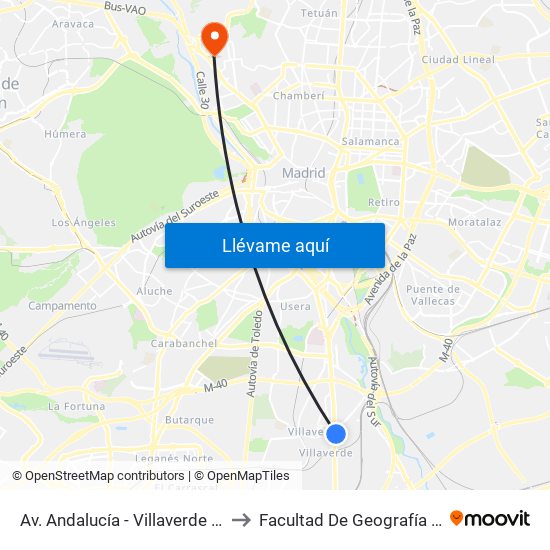 Av. Andalucía - Villaverde Bajo Cruce to Facultad De Geografía E Historia map