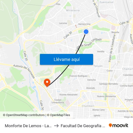 Monforte De Lemos - La Vaguada to Facultad De Geografía E Historia map