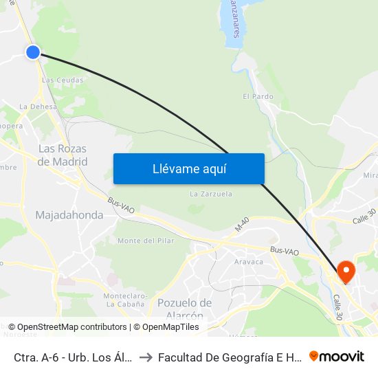 Ctra. A-6 - Urb. Los Álamos to Facultad De Geografía E Historia map