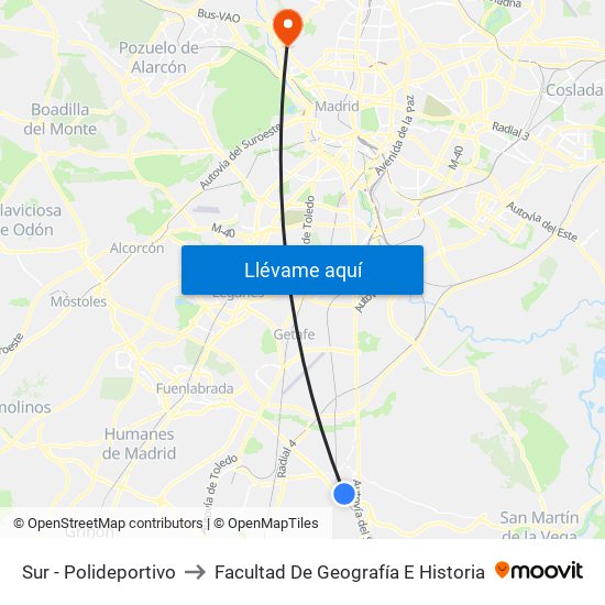 Sur - Polideportivo to Facultad De Geografía E Historia map