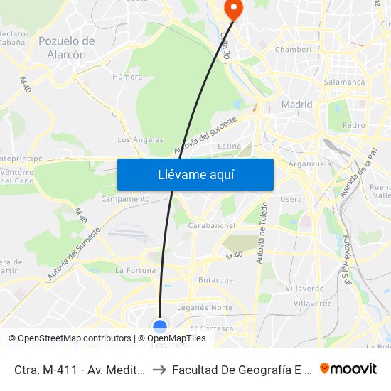 Ctra. M-411 - Av. Mediterráneo to Facultad De Geografía E Historia map