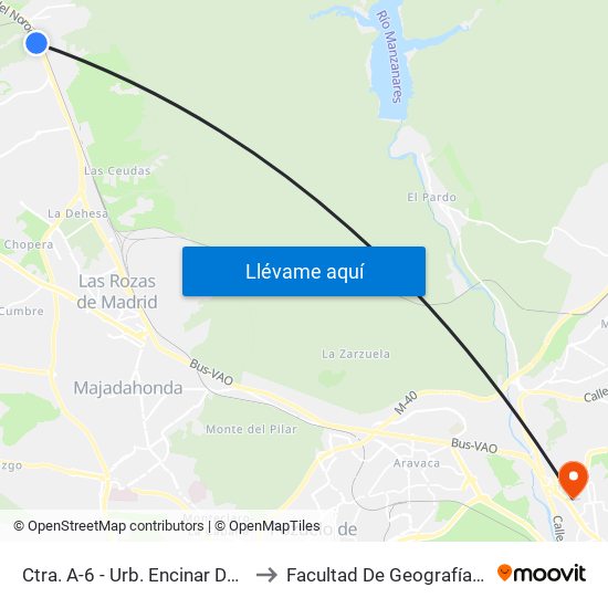 Ctra. A-6 - Urb. Encinar De Las Rozas to Facultad De Geografía E Historia map