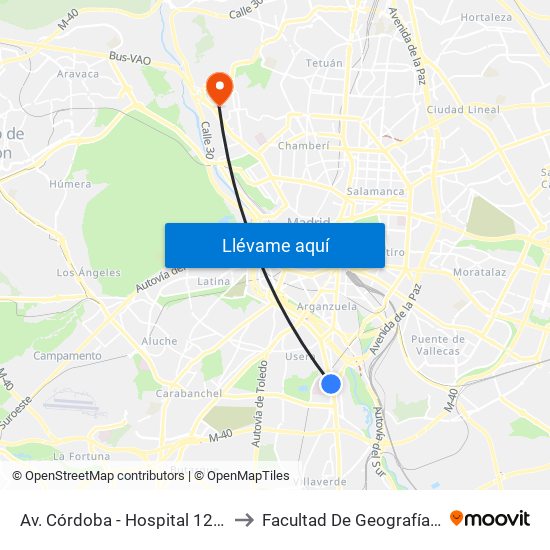 Av. Córdoba - Hospital 12 De Octubre to Facultad De Geografía E Historia map
