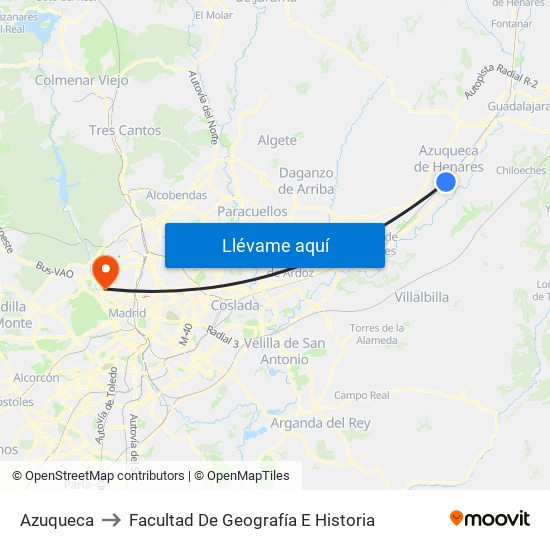 Azuqueca to Facultad De Geografía E Historia map