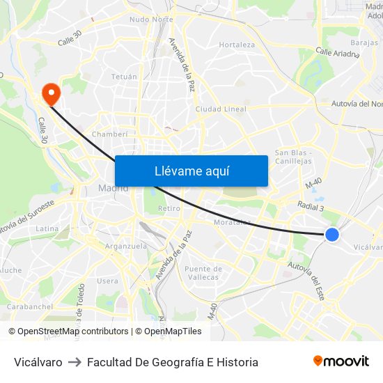 Vicálvaro to Facultad De Geografía E Historia map