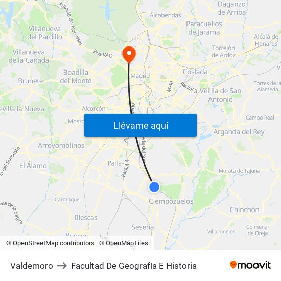 Valdemoro to Facultad De Geografía E Historia map