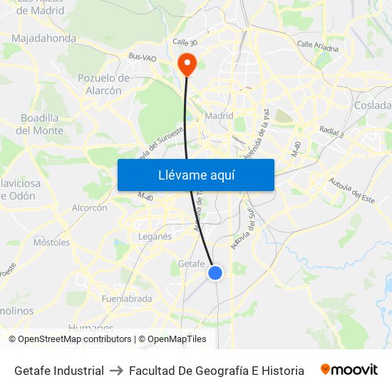 Getafe Industrial to Facultad De Geografía E Historia map