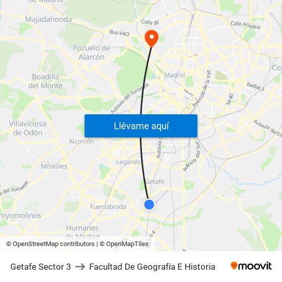 Getafe Sector 3 to Facultad De Geografía E Historia map