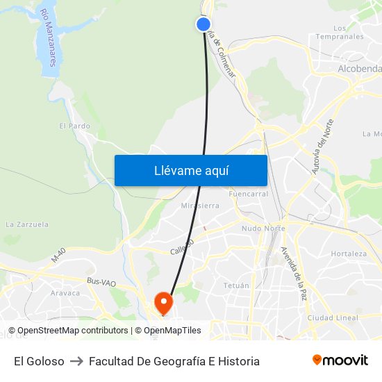 El Goloso to Facultad De Geografía E Historia map