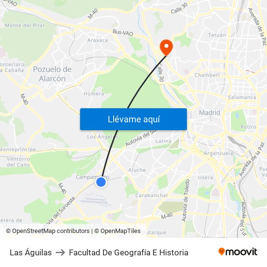 Las Águilas to Facultad De Geografía E Historia map