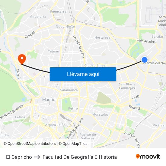 El Capricho to Facultad De Geografía E Historia map