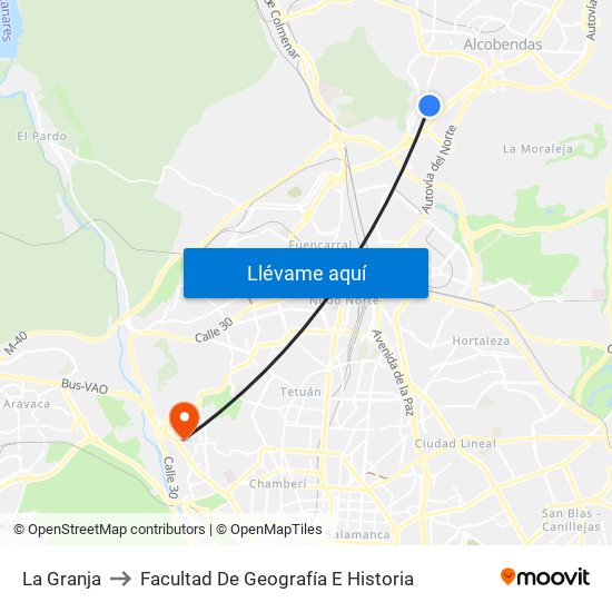 La Granja to Facultad De Geografía E Historia map