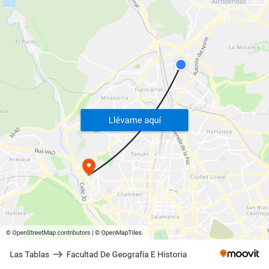 Las Tablas to Facultad De Geografía E Historia map