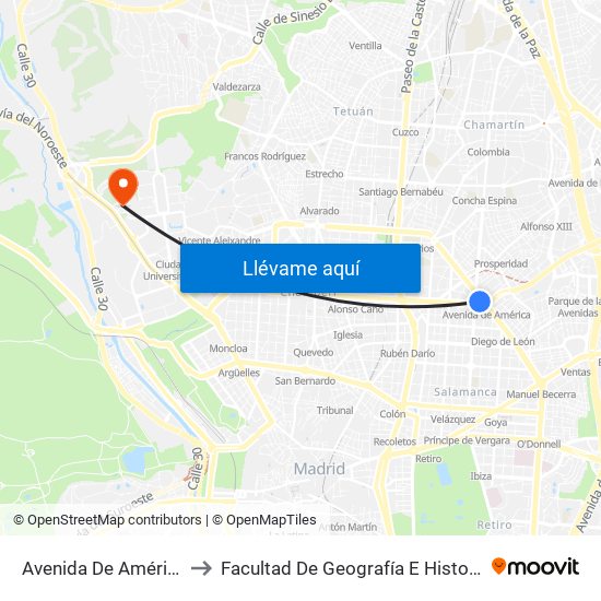 Avenida De América to Facultad De Geografía E Historia map