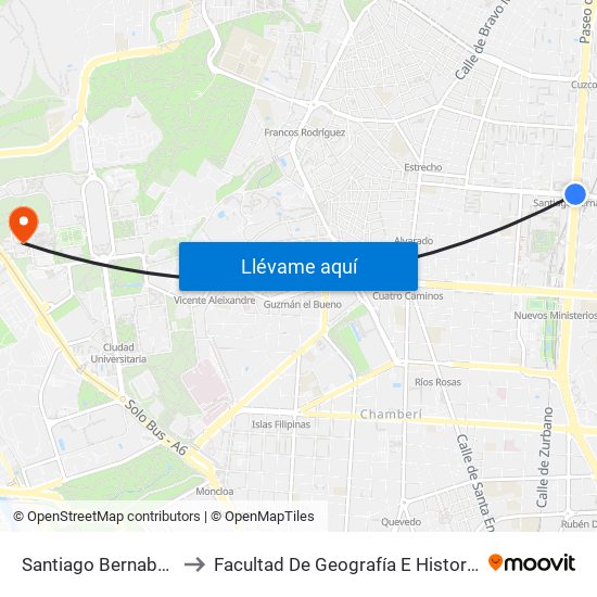 Santiago Bernabéu to Facultad De Geografía E Historia map