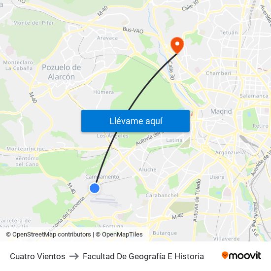 Cuatro Vientos to Facultad De Geografía E Historia map