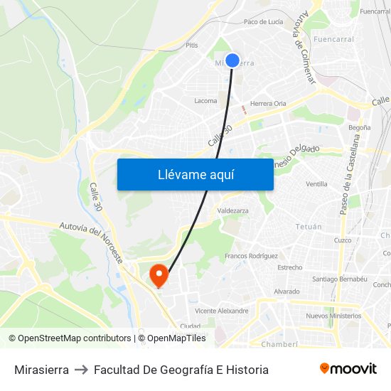 Mirasierra to Facultad De Geografía E Historia map
