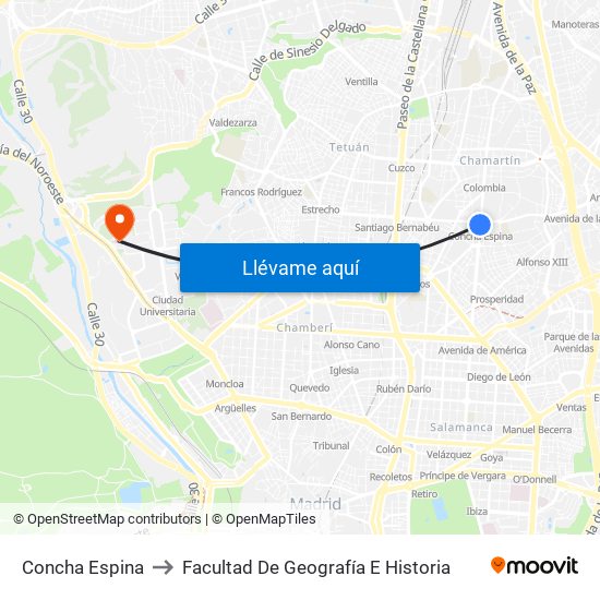 Concha Espina to Facultad De Geografía E Historia map