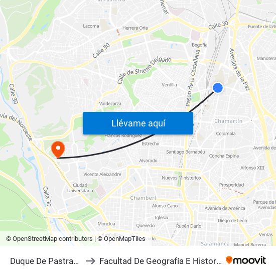 Duque De Pastrana to Facultad De Geografía E Historia map