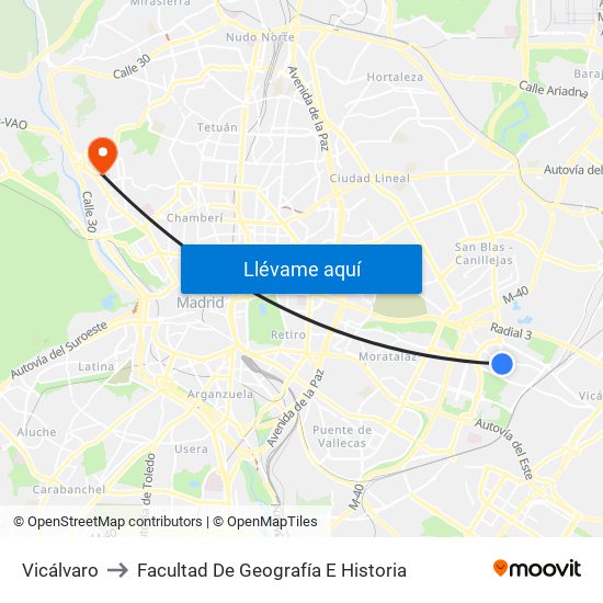 Vicálvaro to Facultad De Geografía E Historia map