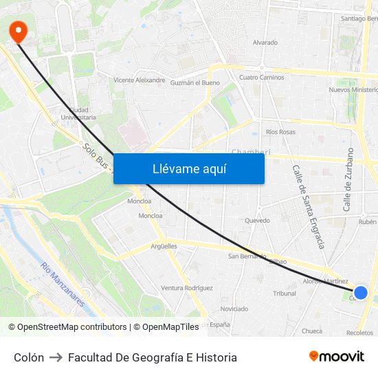 Colón to Facultad De Geografía E Historia map
