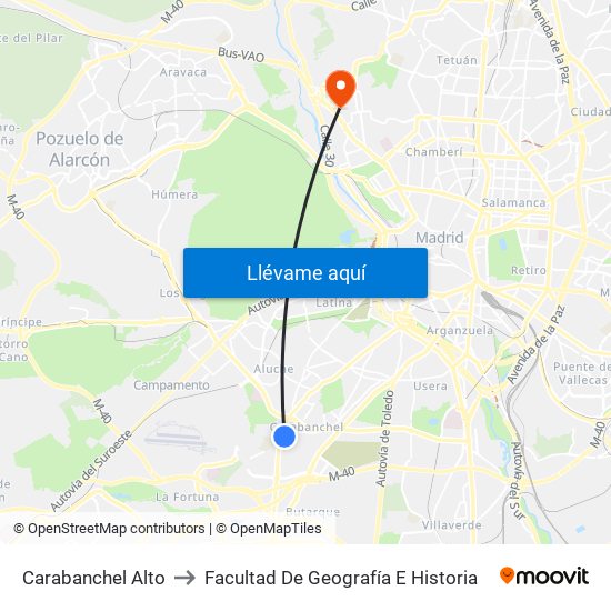 Carabanchel Alto to Facultad De Geografía E Historia map